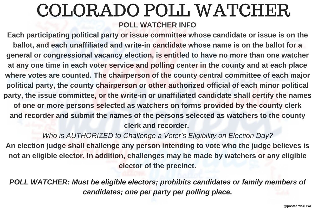 COLORADO Poll Watcher  #PollWatcher Who is AUTHORIZED to Challenge Voter’s Eligibility on  #ElectionDay  ?Election judges can challenge any person intending to vote who judge believes is not eligible. Challenges can also be made by watchers or other voters in the precinct.THREAD