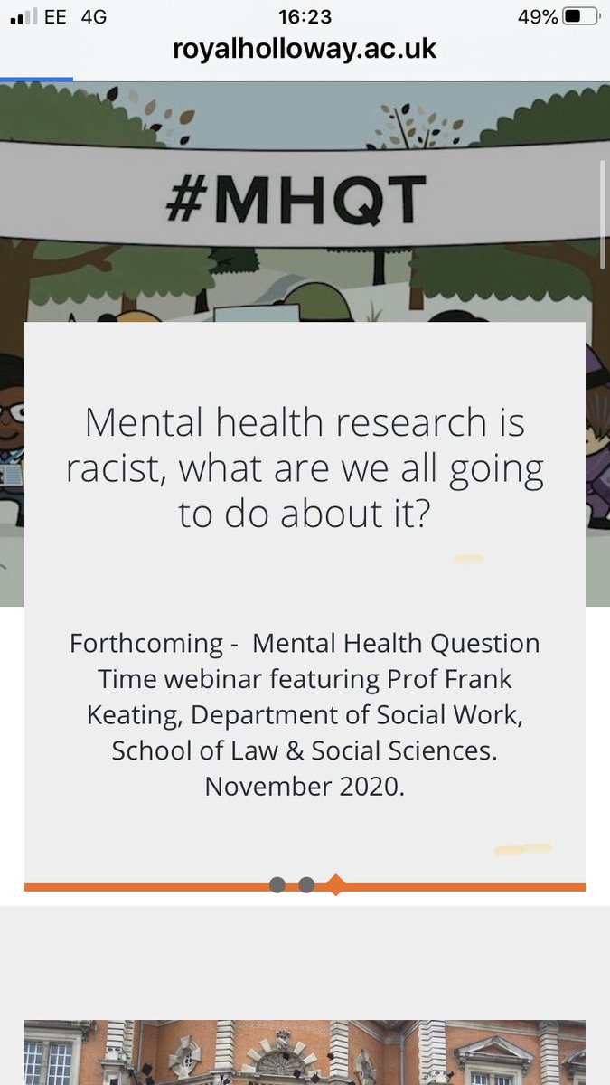 rhulsw's tweet photo. ‘Mental health research is racist, what are we all going to do about it?’  Sign up for free  webinar in November on this crucial question. Presented by range of experts including our own @FrankKeating7  Find out more 👇🏼scroll @RoyalHolloway @RHUL_Law #mentalhealth #Wellbeing https://t.co/MdmPSlpgK6