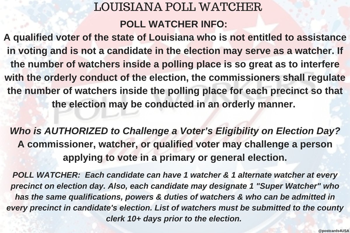 LOUISIANA Poll Watcher  #PollWatcherWho is AUTHORIZED to Challenge a Voter’s Eligibility on Election Day?A commissioner, watcher, or qualified voter may challenge a person applying to vote in a primary or general election. THREAD