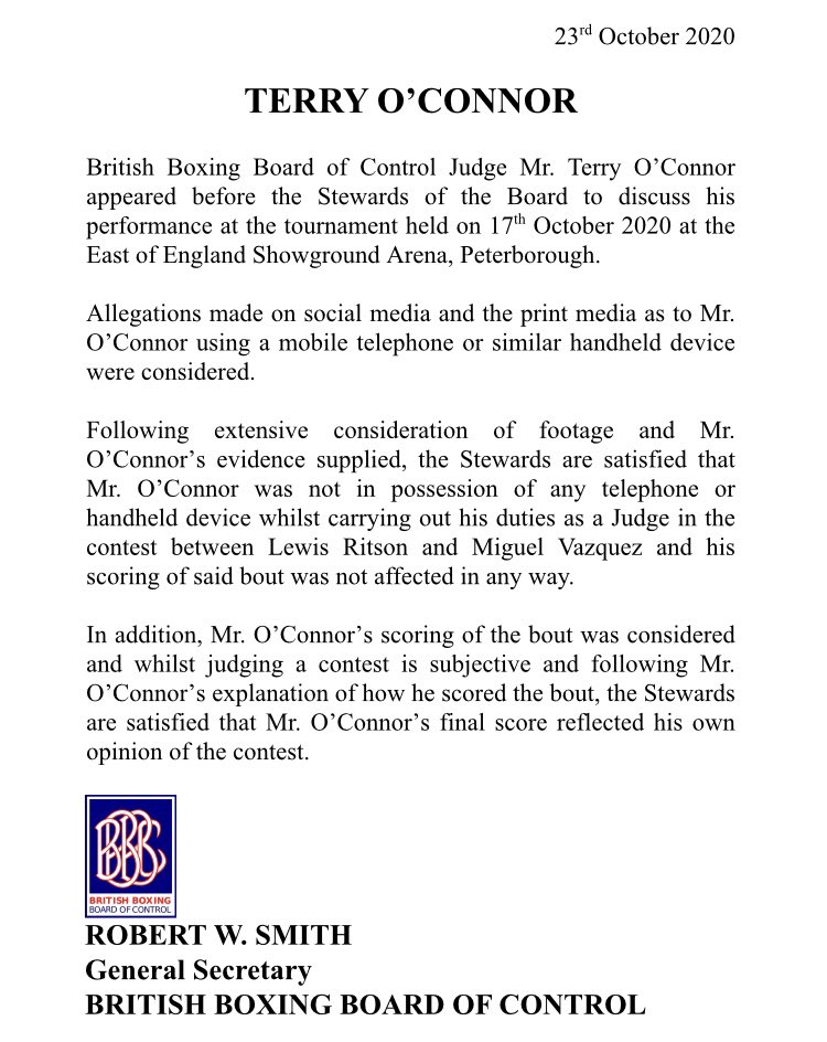 ‼️ The BBBofC have now announced that judge Terry O'Connor will face no repercussions for his performance during Lewis Ritson vs Miguel Vazquez last Saturday. They are satisfied with his explanation of his score and believe he wasn't holding a phone. Full statement… https://t.co/tRaIa0pHp5