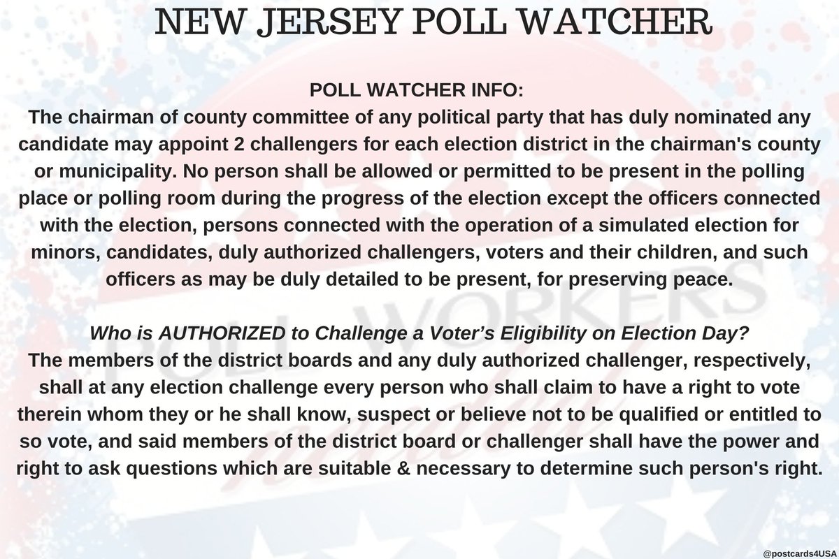 NEW JERSEY Poll Watcher  #PollWatcher Who is AUTHORIZED to Challenge Voter’s Eligibility on Election Day?Members of district boards & any duly authorized challenger may challenge any voter.THREAD