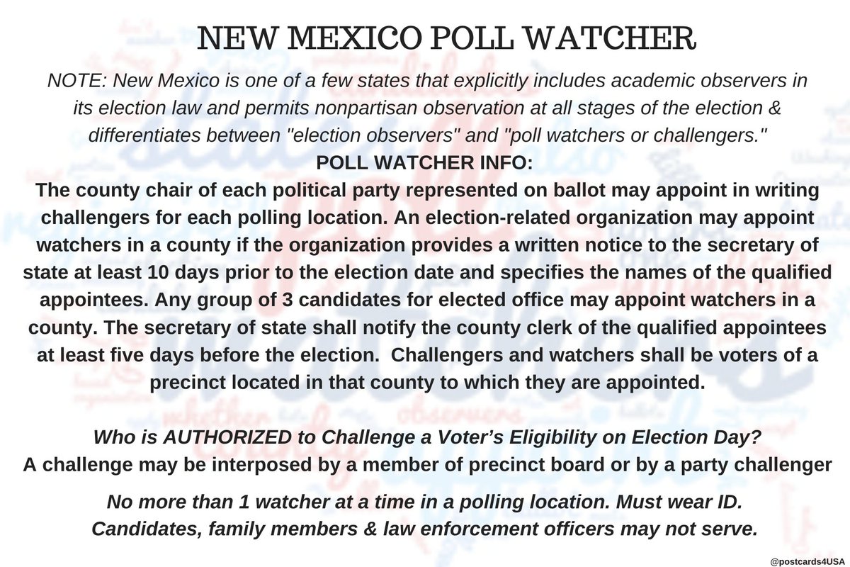 NEW MEXICO Poll Watcher  #PollWatcher Who is AUTHORIZED to Challenge a Voter’s Eligibility on Election Day?A challenge may be interposed by a member of the precinct board or by a party challenger.THREAD