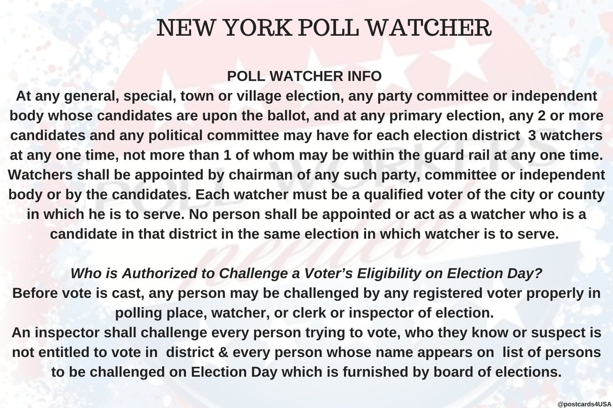 NEW YORK Poll Watcher  #PollWatcher Who is Authorized to Challenge Voter’s Eligibility on  #ElectionDay  ?Any voter may be challenged by any registered voter, watcher, or clerk or inspector of election. THREAD