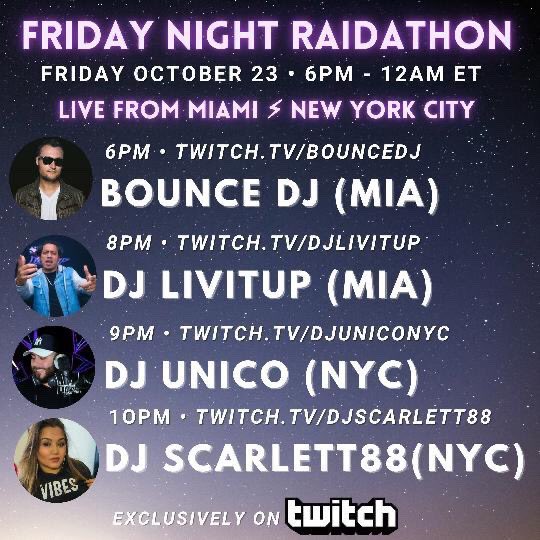 Come hang out with us tonight! <a href="/BounceDJ/">Joseph L Vargas</a> <a href="/DJUNICONYC/">DJUnicoNYC</a> <a href="/DjScarlett88/">DjScarlett88</a>  <a href="/Twitch/">Twitch</a>