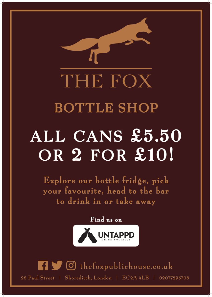All our Craft Cans are 2 for £10 here at the #FoxBottleShop Come in and try out your favourite tipple #beer #lager #paleale #beerlovers #bar #pub #thefoxhoreditch #London