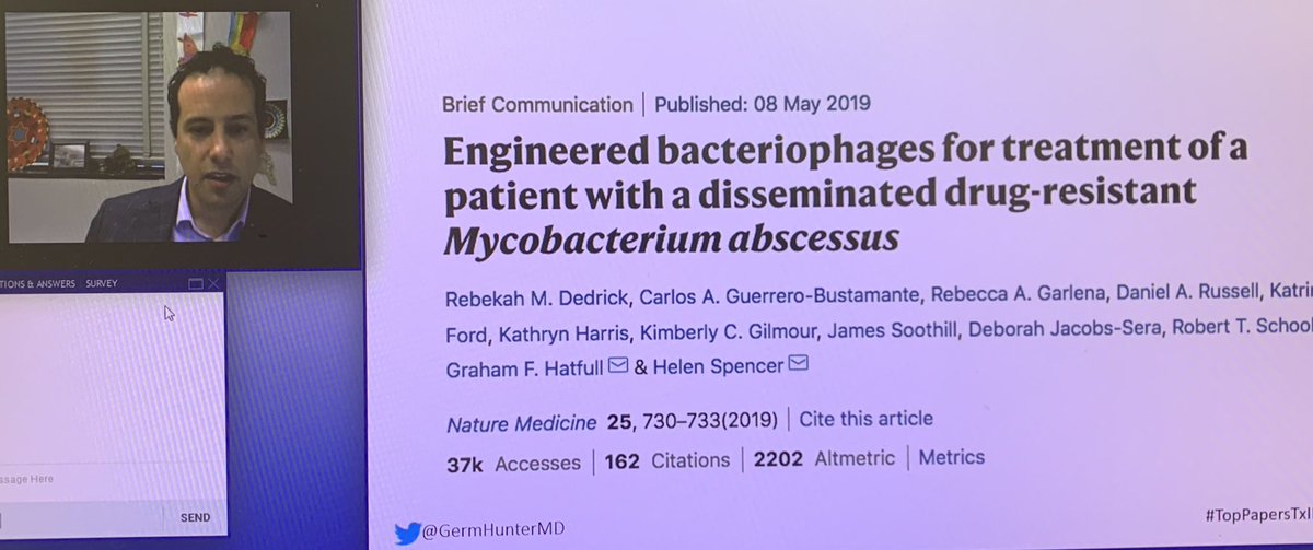 davidvanduin's tweet photo. @GermHunterMD now discussing successful bacteriophage therapy for M. abscessus in CF. #TopPapersTxID #idweek2020 @IDWeek2020 

https://t.co/2QFI7JhQjv https://t.co/NACjH8qDru