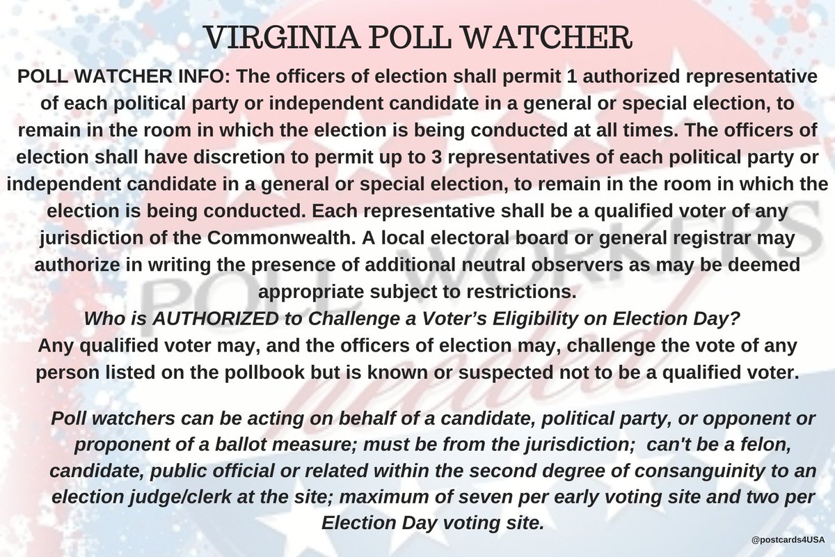 VIRGINIA Poll Watcher  #PollWatcher Who is AUTHORIZED to Challenge Voter’s Eligibility on Election Day? Any qualified voter may, and the officers of election shall, challenge the vote of any voter known or suspected not to be a qualified voter.THREAD