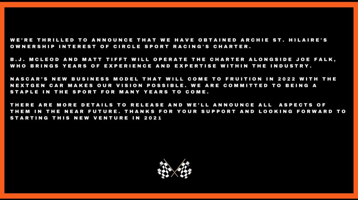 Excited to share we’re going @nascar Cup Series racing in 2021! More news to come!
