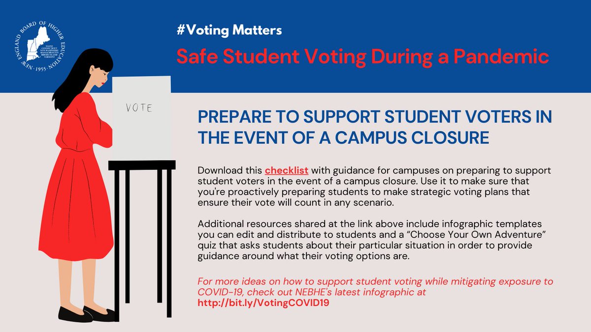 nebhe's tweet photo. This year, campuses need to be prepared to support student voters in the event of a campus closure due to a #COVID19 outbreak.
 
The checklist at https://t.co/DqmqxZzCD0 is a great place to start.
 
For more see our infographic at https://t.co/QDvbj9ohOq
 
#votingmatters https://t.co/phVMyZ5KVR
