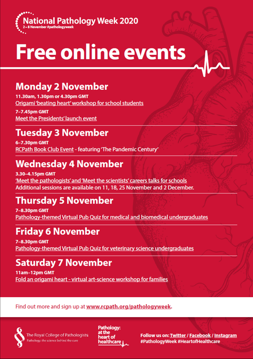 RCPath's tweet photo. There are just 10 days to go until National Pathology Week 2020! We've created an e-flyer with details and links for all of our events. Download it and share with your friends, family, colleagues, and anyone who might enjoy some fun, free (online) events: https://t.co/rS3kzY9tA9 https://t.co/H8chzcfQU0