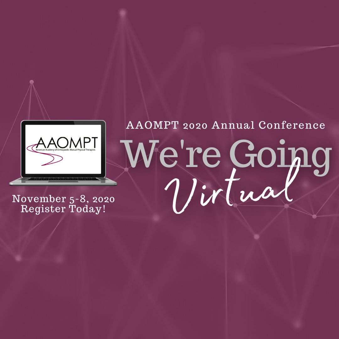 AAOMPT's tweet photo. Don't forget to sign up for the 2020 Virtual Annual Conference. This virtual event will include speakers such as @JoshKiddPT, Mary Beth Geiser, Laura Thornton, Jackson McNeal and Dominique Tull. Registration is available here: https://t.co/e9YVa6vOSV https://t.co/8CHzS6Qj8m