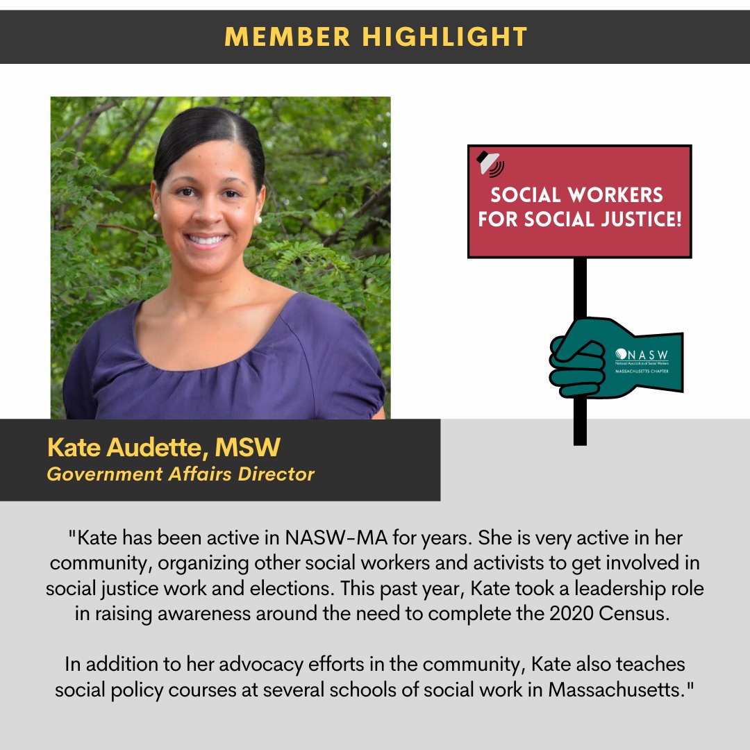 NASWMA's tweet photo. Today we celebrate our member Kate Audette, a social worker for social justice! Kathryn organizes other SWers and activists to get involved in social justice work and elections. NASW-MA thanks you for your dedication! #NASWMA
Nominate an NASW member: https://t.co/DPj3wU5CFH https://t.co/gNnEZLAihy