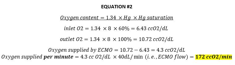 Is ECMO providing a VO2 of 250?To figure this out, we must know the amount or *blood content* (not sat!) of O2 entering (inlet O2) and leaving (outlet O2) ECMO, to know the net O2 supplied.O2 content = 1.34*Hg*sat, ignoring the often small role of pO2Let’s plug it in!