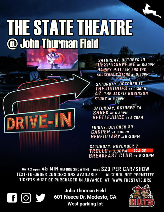 Join The State Theatre at John Thurman Field for a month of classic, spooky, and family-friendly films! 
Purchase your tickets in advance at thestate.org

#JohnThurmanField #StateTheatre #Local #CentralValley