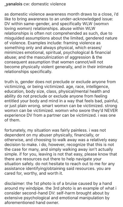 in honor of domestic violence awareness month and fostering queer/WLW visibility, even (or especially)<a href="/tag/genderfluid"class="tags"><span>#genderfluid</span></a><a href="/tag/agender"class="tags"><span>#agender</span></a><a href="/tag/nonbinary"class="tags"><span>#nonbinary</span></a><a href="/tag/qpoc"class="tags"><span>#qpoc</span></a><a href="/tag/bipoc"class="tags"><span>#bipoc</span></a>