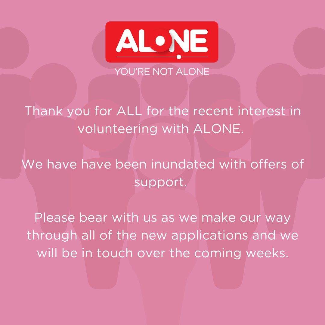 ALONE_IRELAND's tweet photo. Thank you to everyone who has applied to volunteer with ALONE in the past 24 hours! Thank you to Roz Purcell and @RyanTubridyShow for the shout out, we are greatly appreciative!

#YouAreNotAlone https://t.co/IF8MPSOwsg
