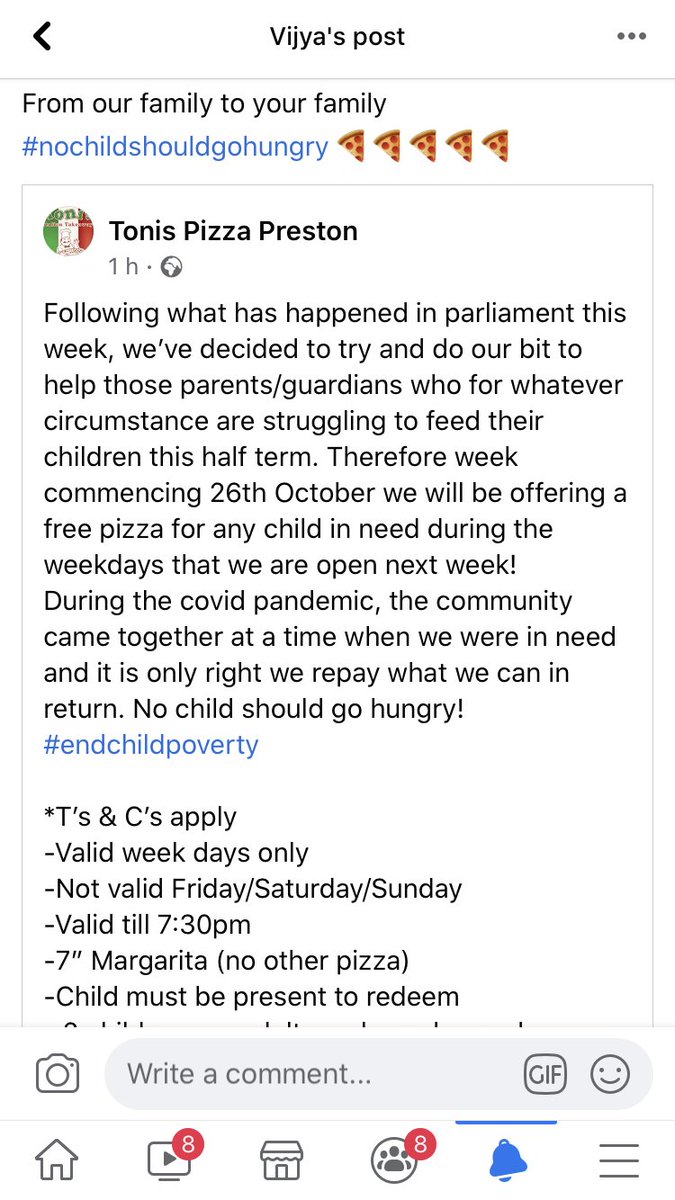 VijyaDi's tweet photo. From our family to your family this half term free pizza for children who are in need... doing our bit that no child goes hungry this half term https://t.co/XaAup1Yupq