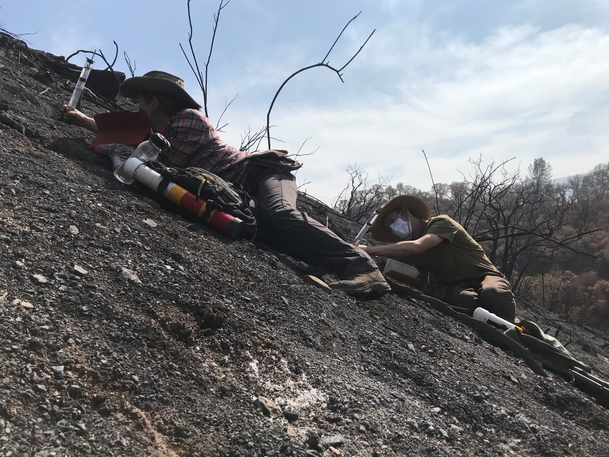 USGSwaterCA's tweet photo. We're measuring the hydrologic properties of soils in the the #LNUComplex burn area. Soils &amp; ash are also being tested for mercury, nitrogen, phosphorus, &amp; carbon. Data are also being used to develop models to anticipate #waterquality impacts from #wildfire.   #CAwater https://t.co/0LCCzUSplk