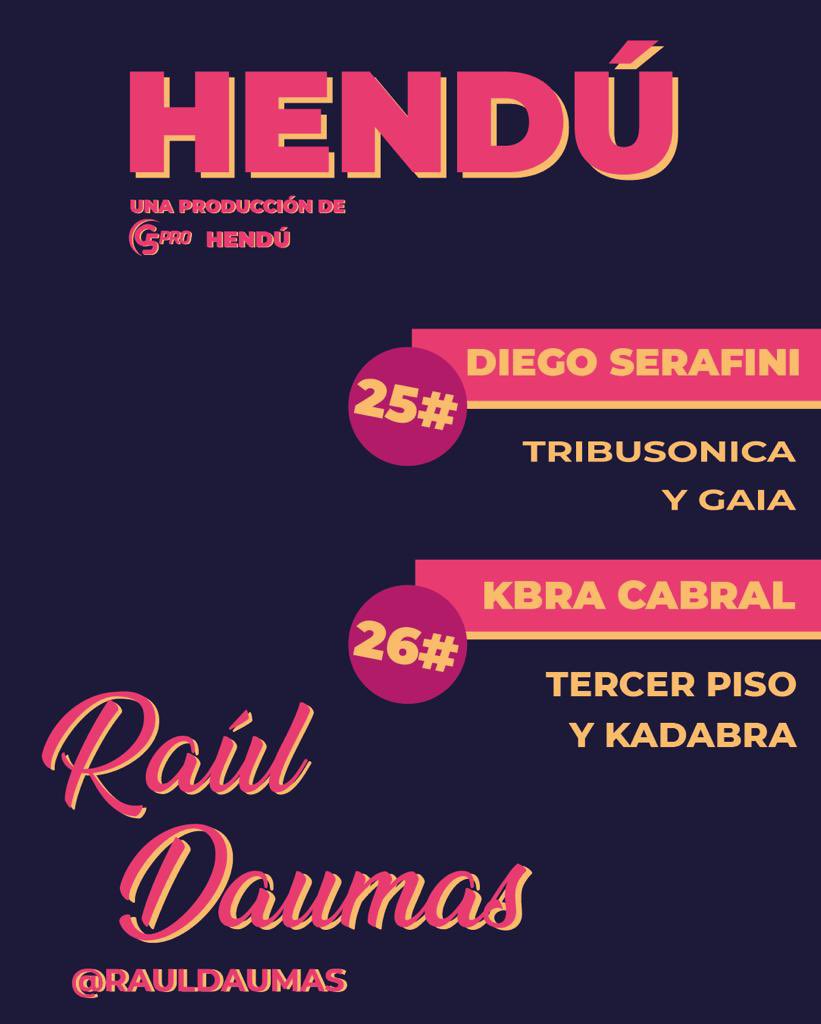 Este fin de semana tenemos el Capítulo 25 y 26 con Diego Serafini  de <a href="/TribuSonica/">Tribu Sónica</a> y Gaia y con Kabra Cabral de <a href="/tercerpisomusic/">Tercer Piso</a> y <a href="/KadabraMusic/">Kadabra</a> con la conducción de <a href="/rauldaumas/">Raúl Daumas Ladouce</a> 

#rockpy #rocknacional #artepy #artenacional #hendupy #hendu