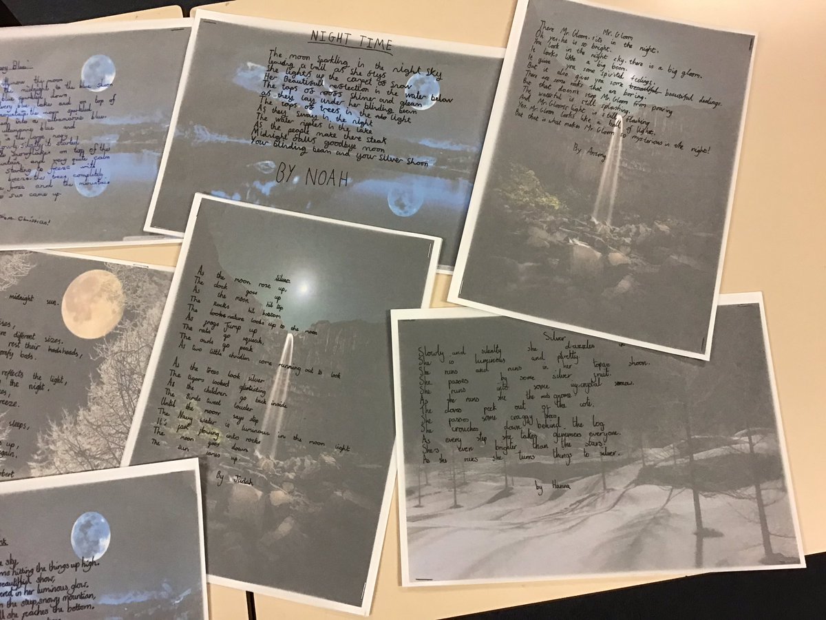 Stjohnscoventry's tweet photo. Just a small selection of the brilliant poems year 5 have produced today, based on the poem ‘Silver’ by Walter de la Mare. They love poetry! #iwillshine #excellence #identity #presentationperfect https://t.co/iKcS0IK92D