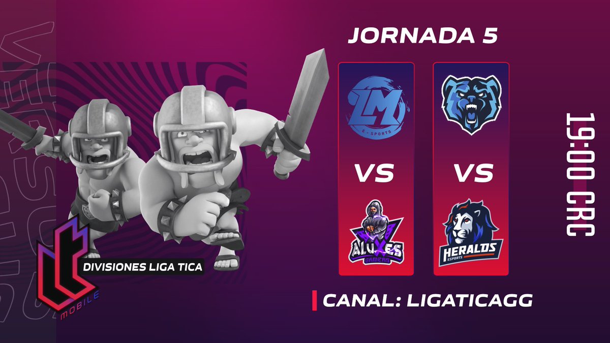 LIGA TICA MOBILE (@ligaticagg) on Twitter photo ‼️ #DLT | J5 ‼️
Partido de reposición
Match 1️⃣
🟦 <a href="/TLMortem/">TLMortem</a>
🆚
🟥 <a href="/AluXesGamers/">Alejandro Valerio Espinoza</a>
Match 2️⃣
🟦 @Beastesportscr
🆚
🟥 <a href="/HeraldsTM/">Heralds eSports</a>
¡No te podes perder estos partidazos!
📅| 23/10
⏰| 19:00 🇨🇷
📺| YT: bit.ly/2ABBvoK
📺| Twitch: bit.ly/33hM2jC
#ClashRoyale ‼️ #DLT | J5 ‼️
Partido de reposición
Match 1️⃣
🟦 <a href="/TLMortem/">TLMortem</a>
🆚
🟥 <a href="/AluXesGamers/">Alejandro Valerio Espinoza</a>
Match 2️⃣
🟦 @Beastesportscr
🆚
🟥 <a href="/HeraldsTM/">Heralds eSports</a>
¡No te podes perder estos partidazos!
📅| 23/10
⏰| 19:00 🇨🇷
📺| YT: bit.ly/2ABBvoK
📺| Twitch: bit.ly/33hM2jC
#ClashRoyale