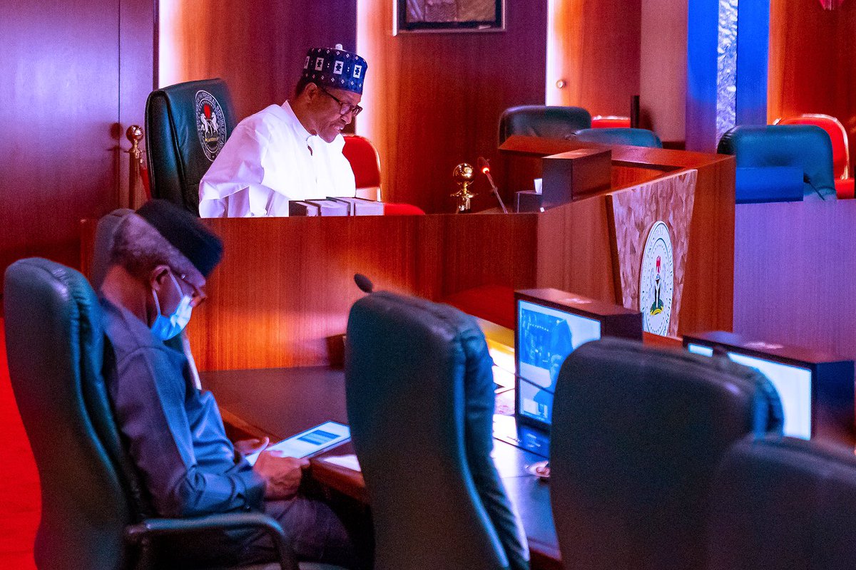 President  @MBuhari today held a Virtual Meeting with all living former Heads of State and Presidents: Gen. Yakubu Gowon, former President Olusegun Obasanjo, Gen. Ibrahim Badamasi Babangida, Chief Ernest Shonekan, Gen. Abulsalami Abubakar, and former President Goodluck Jonathan.