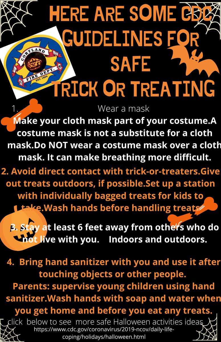 CortlandFire's tweet photo. As Halloween Approaches.  Here are some CDC guidelines City of Cortland Fire Department wants you to keep in mind to have a safe Halloween.  For  more information or additional safe activities visit: 
https://t.co/P1vHYkODAm https://t.co/pDhz57t5EK
