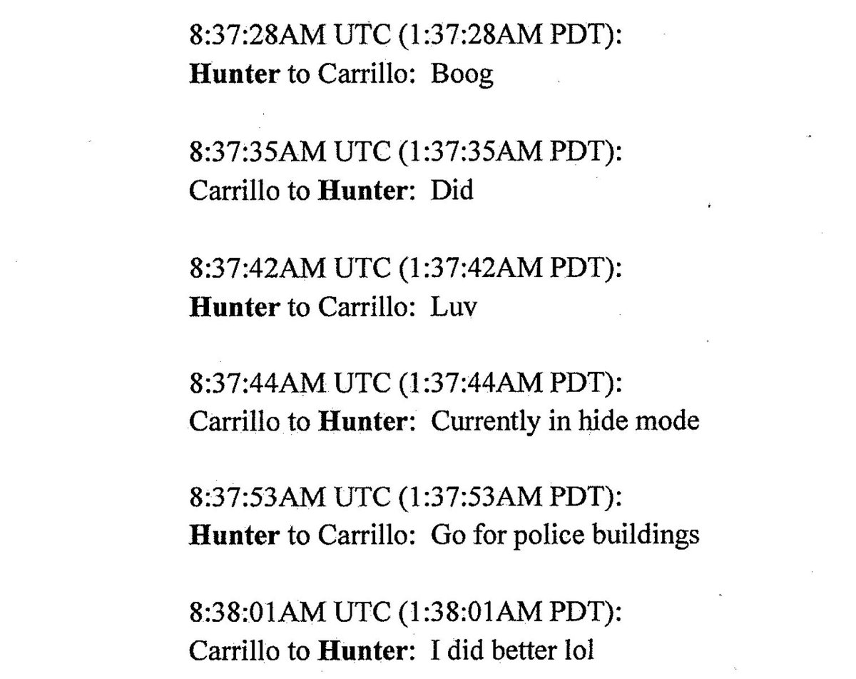 One revelation from the complaint is that Hunter was in communication w/ fellow Boogaloo Steve Carillo the night the Minneapolis precinct burned. A few hours before this exchange, Carillo killed a police officer in CA, according to charges there.