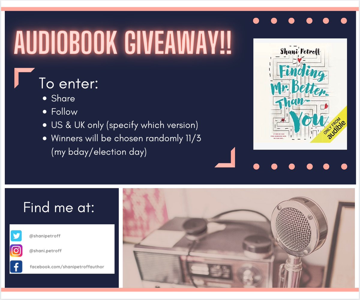 🚨!!Birthday Giveaway!!🚨
Win an audiobook copy of FINDING MR. BETTER-THAN-YOU!

-follow, retweet, &amp; specify US or UK version
-light, funny YA contemporary w/ a focus on friendship (a perfect escape) 

*US &amp; UK only
*additional entries on FB page &amp; insta

<a href="/SwoonReads/">Swoon Reads</a> <a href="/FierceReads/">Fierce Reads</a>