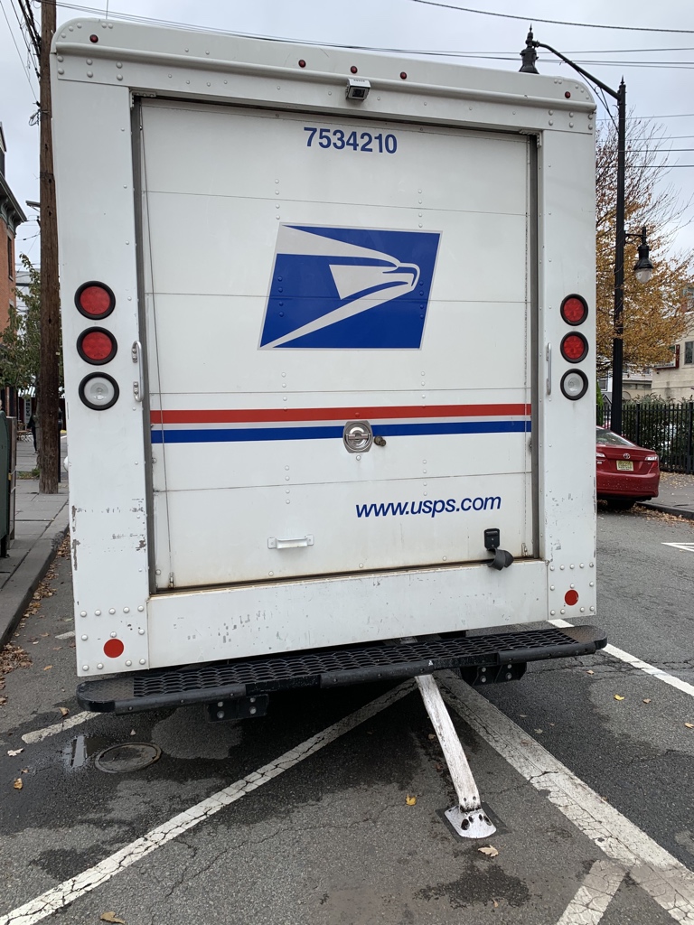 therealTman's tweet photo. @VisionZeroJC @JerseyCity @bikejc  Just watched this @usps truck with no license plates intentionally drive over day-lighting delineators at Newark and Monmouth in Jersey City - when there are 3 empty spots right there.  Is there any accountability? https://t.co/SN8ijX5HqC
