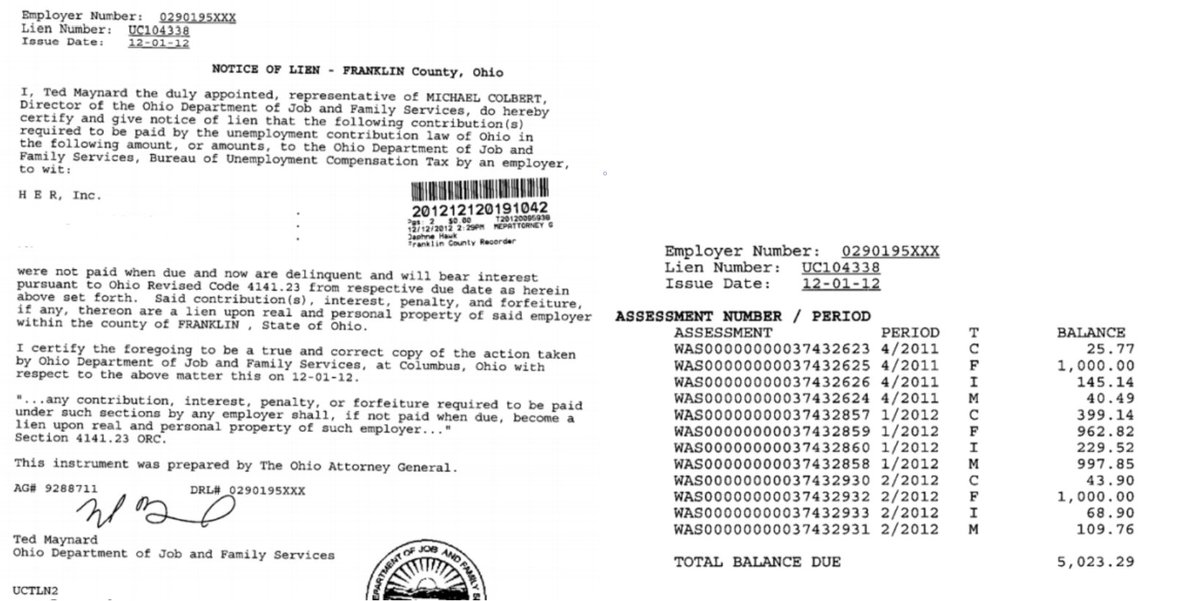In December 2012, a BES lien was filed against HER, Inc for $5,023.29.