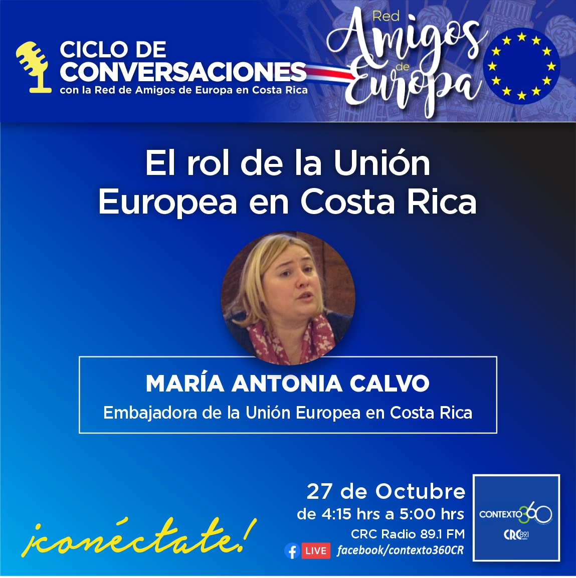 Amigosuecr's tweet photo. 🎙️Ciclo Conversaciones #AmigosdeEuropa en radio #Contexto360
La Embajadora de la @UEenCostaRica, Sra. @AntoniaCalvoEU, conversará sobre las relaciones Unión Europea-Costa Rica, socios en el desarrollo 🇪🇺🤝🇨🇷
🗓️ Martes 27 a las 16:15hrs
👉 CRC 89.1 FM o FB Live /Contexto360CR https://t.co/fwEWHzvuHQ