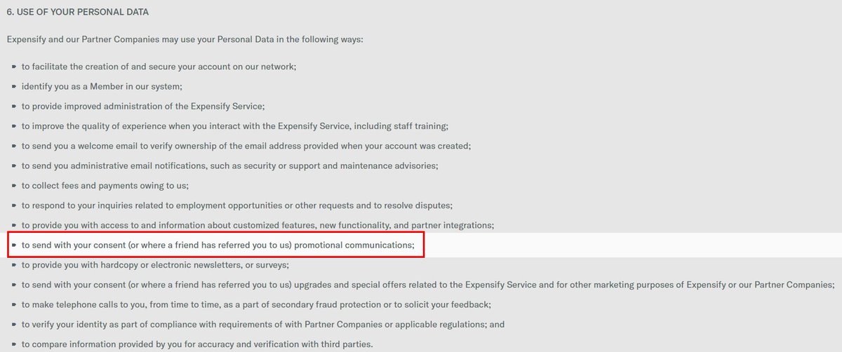 CSteckroth's tweet photo. @nikolasboole Here's an excerpt from the privacy policy.  They don't specifically define "promotional communications", but I would expect most users to interpret this as relating to Expensify. https://t.co/B4XzXkocxr