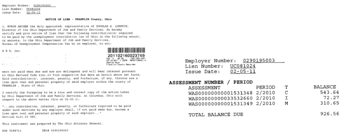 A $926.56 BES lien was filed against HER, Inc in February 2011