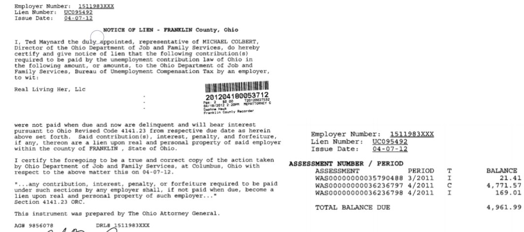 A $4,961.99 BES lien was filed against Real Living HER, LLC in April 2012