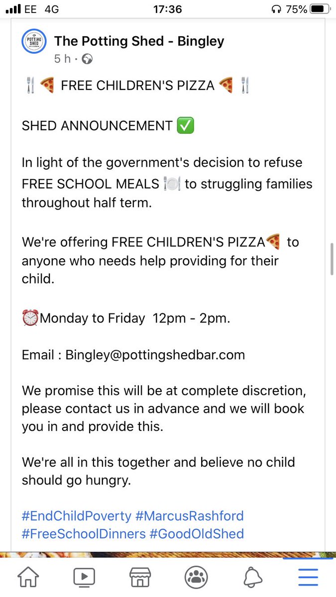  @PottingShedBing and  @PottingShedGuis are both offering free pizzas to those in need.  #Bradford  #FreeSchoolMeals  @MarcusRashford
