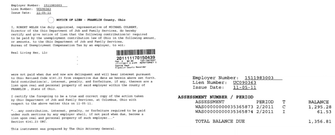 A $1,356.81 BES lien was filed against Real Living HER, LLC in November 2011