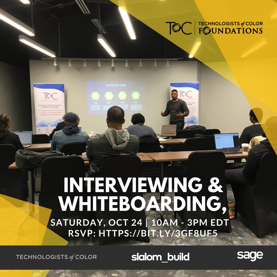 techsofcolor's tweet photo. Final call! Get serious about preparing for technical interviews by attending our Interviewing and Whiteboarding workshop this Saturday from 10am-3pm ET 💪🏿 https://t.co/5RYD9pgRrU

#atlblacktech #techsofcolor #blackdevelopers #blacksintech #Atlanta #AtlTech #Technology #Tech https://t.co/9yiKSt4yj9