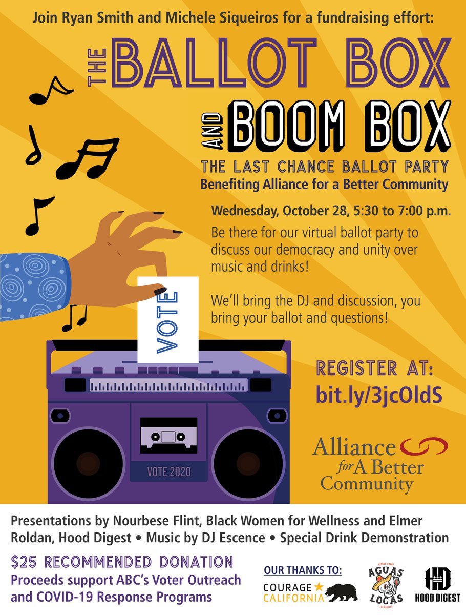 afabc_la's tweet photo. ABC invites you to Our Last Chance #PropParty: The Ballot Box and Boom Box on Wednesday, 5:30 to 7:00 p.m. Hosted by @RyanSmithEd &amp; @MSCollegeOpp, this fundraiser will help you #vote with confidence and have some fun doing so! Join us: https://t.co/ge8rO4svNl https://t.co/DxiY5Gprfl