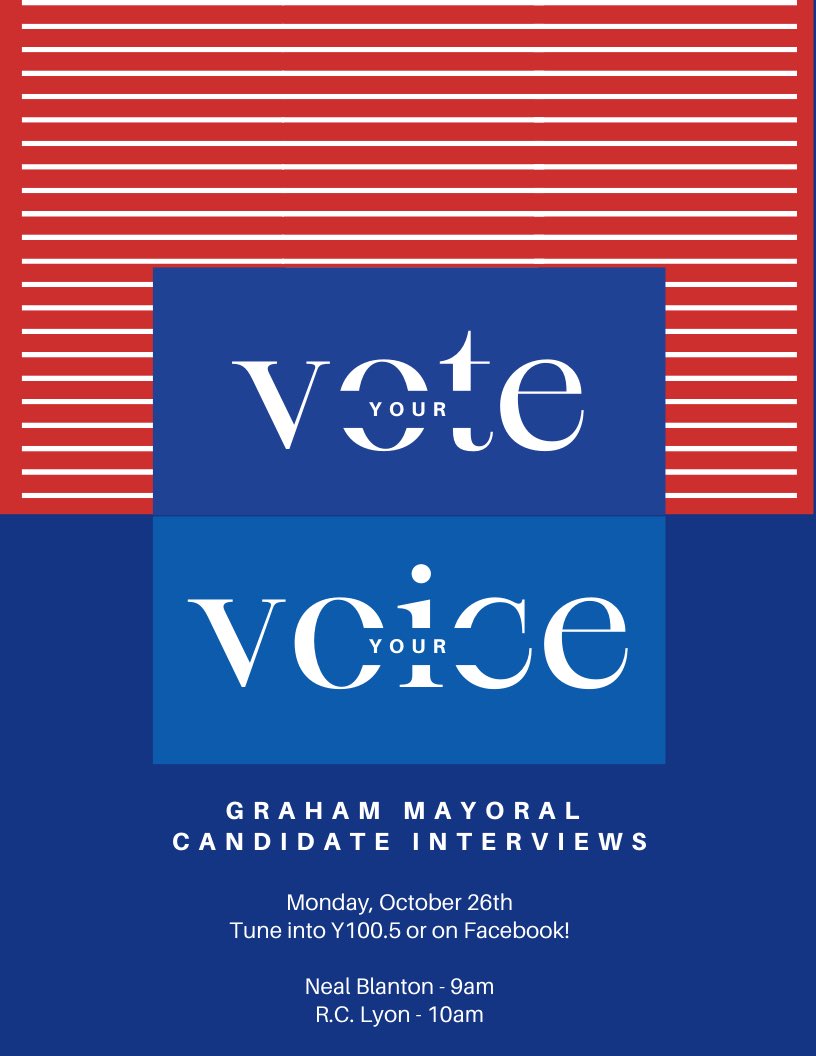 GrahamChamber's tweet photo. Mayoral Candidate Interviews will take place on October 26th. They will be broadcast live on Y100.5 and streaming on the https://t.co/A0QagZ0Goq page and the Chamber page. 

Please pre-submit your questions by commenting on this post or emailing us at Krisa@grahamtexas.org. https://t.co/EddQQYbxjm