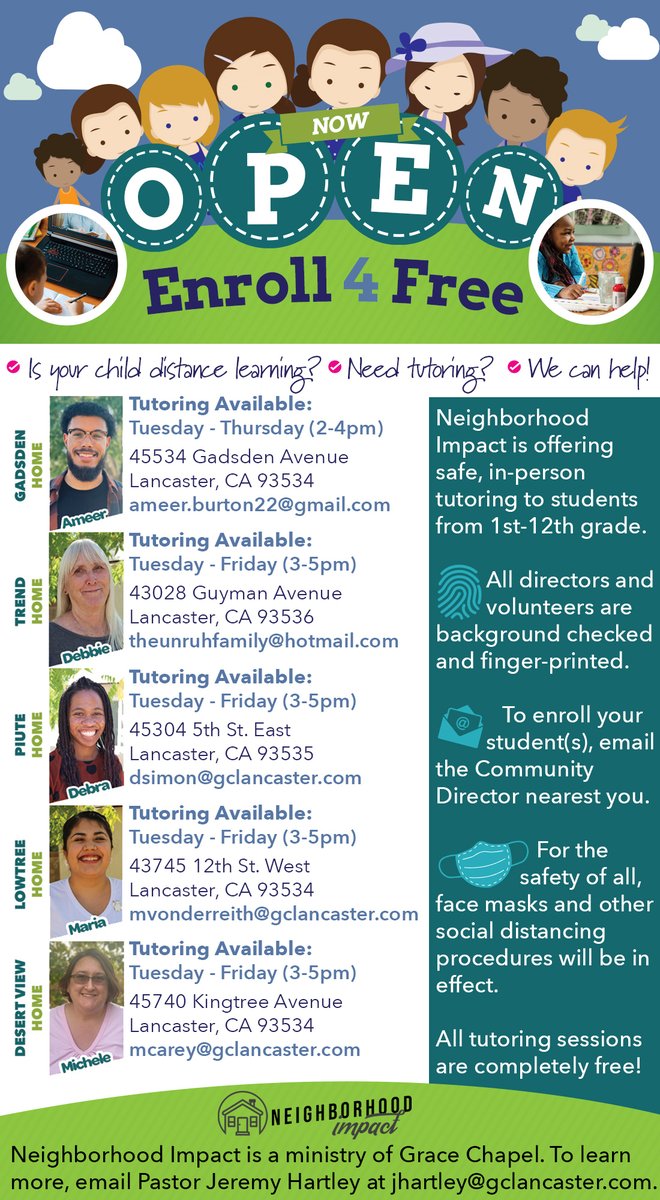 cityoflancaster's tweet image. Neighborhood Impact is offering free tutoring sessions at their community homes for students from 1st - 12th grade. To enroll your students, email Grace Chapel’s Community Director and Pastor, Jeremy Hartley at jhartley@gclancaster.com. #FreeTutoring #SupportLearning #GraceChapel