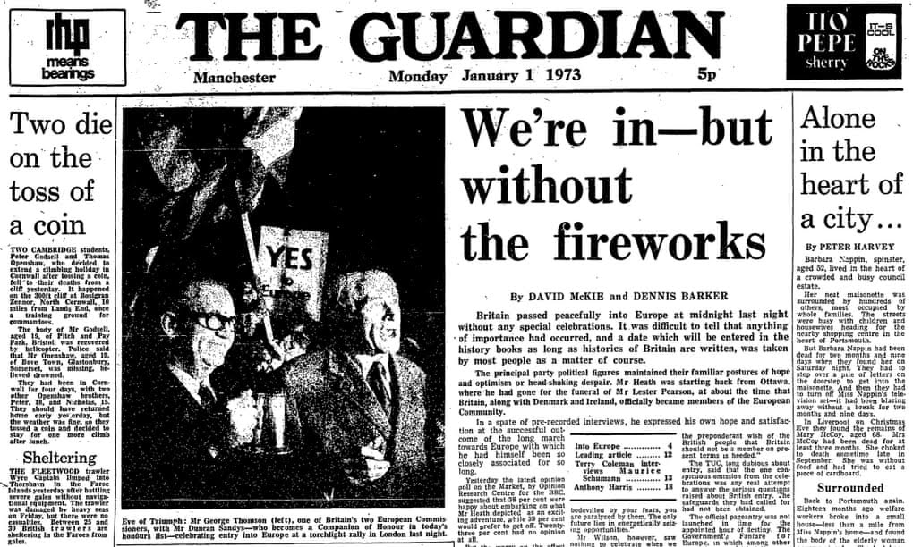 The UK applied to be part of the EC in 1963 and only got accepted in 1973. This was the cover of The Guardian Manchester on 1 January 1973 #history #Brexit #EKIP622