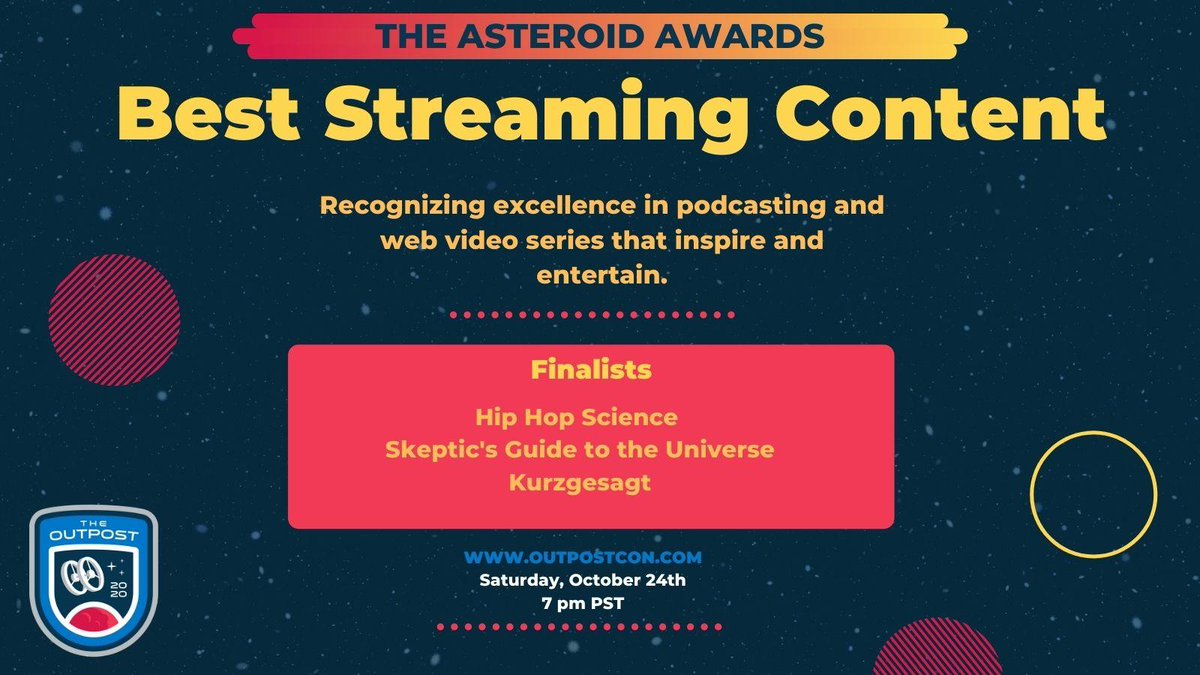 BrianDunning's tweet photo. So proud to be giving out the inaugural #AsteroidAwards at #Outpost2020 on Oct 24. Nominees for "Best Streaming Content" are Hip Hop Science, @Kurz_Gesagt, @primerlearning, & @SkepticsGuide. All deserve to win, but only one can. https://t.co/1K45xJsDQw https://t.co/9JeNOWLWZd