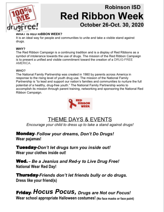 Red Ribbon Week Activities, Oct. 26-30th!  #robinsonisd