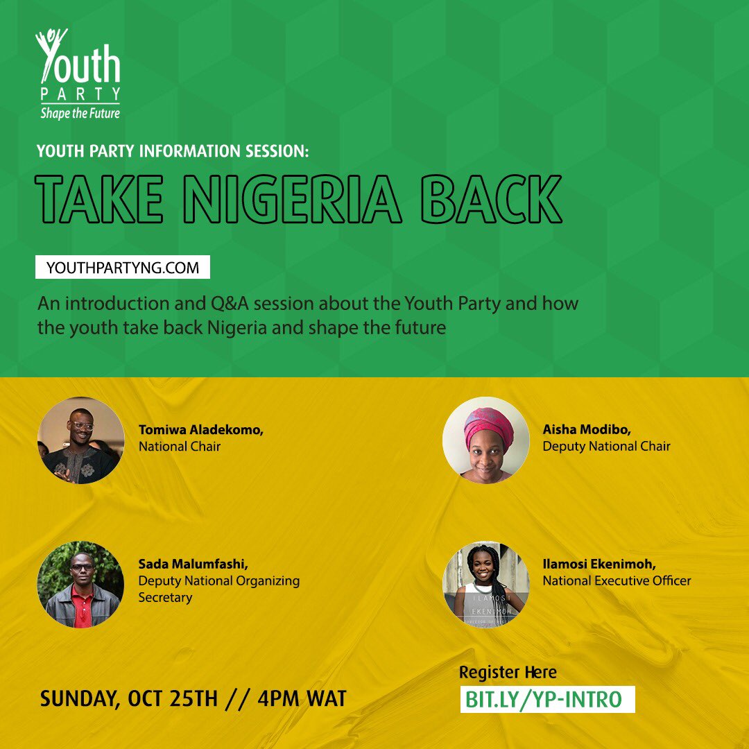 youthparty_ng's tweet photo. The task of building a robust political movement capable of winning power at the election booths and taking Nigeria back from regressive parties and politicians lies ahead. 

Join us for an introduction and Q and A session on Sunday. 

Register here: https://t.co/KSntPc7qRL https://t.co/FDQnA8MO9z