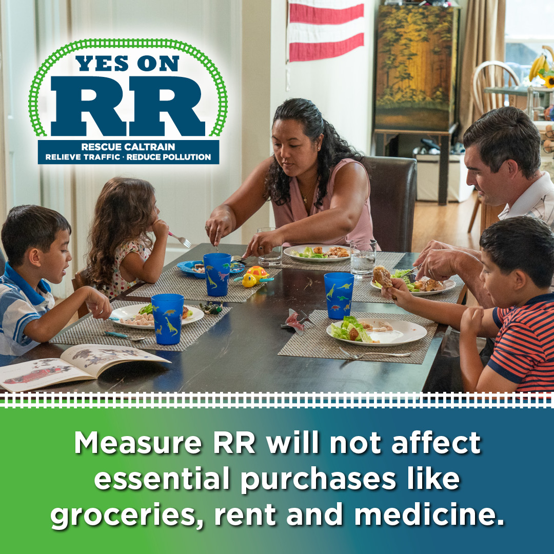 YesOnRR's tweet photo. Measure RR is a ⅛ cent sales tax that will fund Caltrain for 30 years. By adding 1 cent to an 8 dollar purchase, we can generate funding to rescue Caltrain. And Measure RR won’t affect essential purchases like groceries, rent, and medicine. Learn more at: https://t.co/2lTaAfsbJ4 https://t.co/VaGi9o8qRR