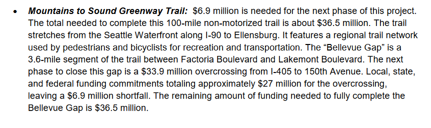 DT4People's tweet photo. Bellevue's priorities for the 2021 State legislative session. 

It's frustrating how a freeway interchange costing >$300M is seen as "essential" in the era of climate change, when it would only take $36M to complete a vital missing link of trail that'd be open to all people. https://t.co/LzLGqhBun0