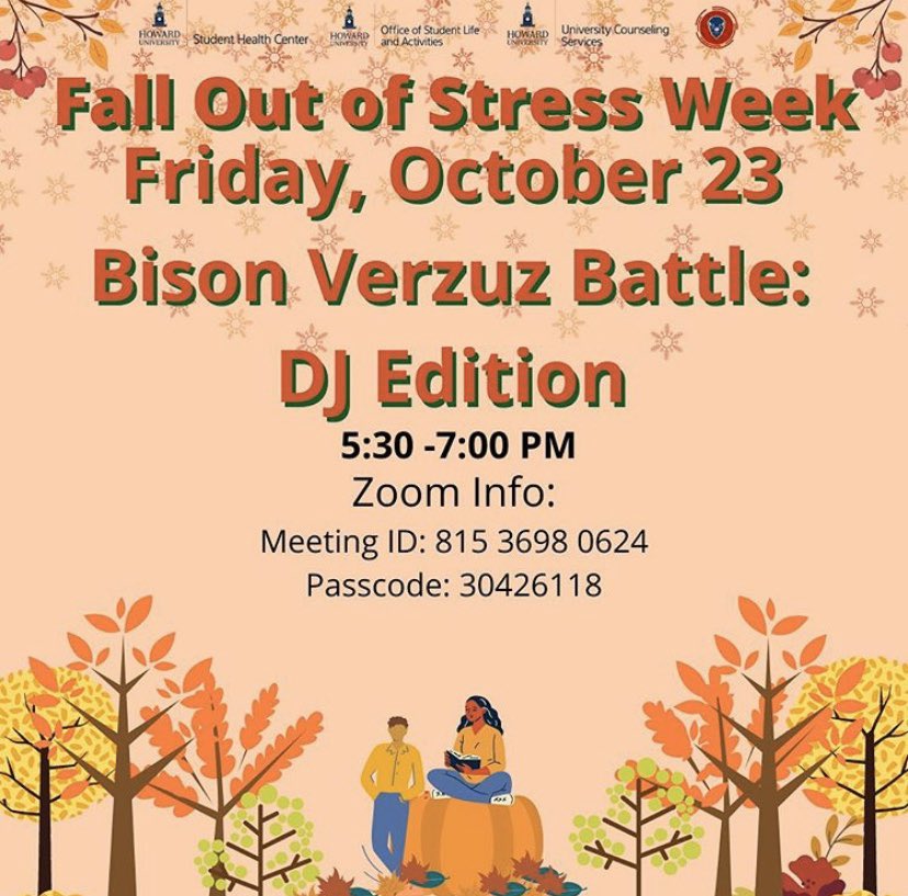 ivpphu's tweet photo. HAPPENING RIGHT NOW!! Bison Verzuz Battle: DJ Edition!! Meet us there 😉 #FallOutofStressWeek Brought to your by IVPP, @HUStudentHealth and @Howard_SLA https://t.co/h8bhhf931E