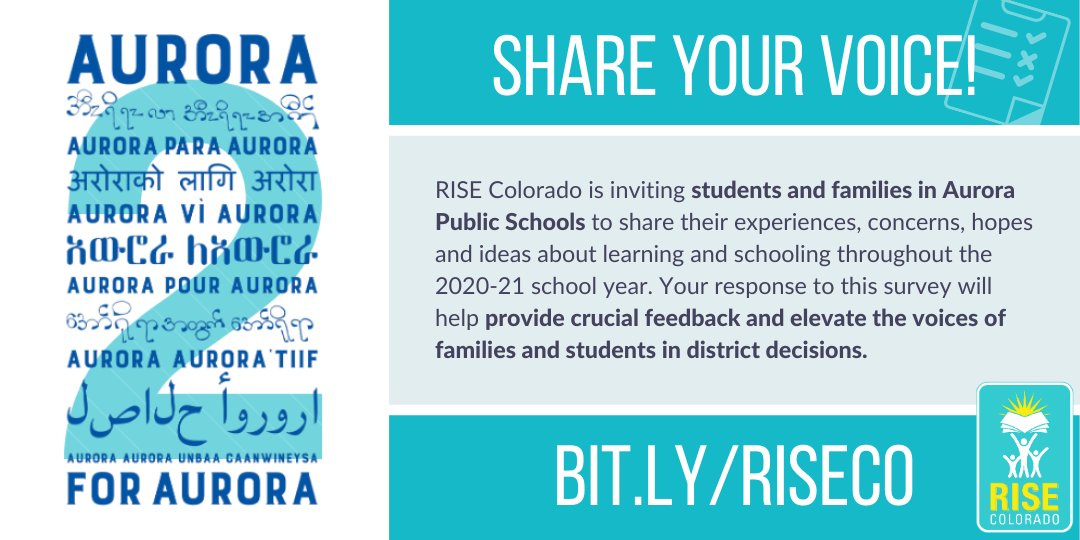 Oct. is Family &amp; School Partnership Month! To celebrate, <a href="/RISEColorado/">RISE Colorado</a> invites APS students + families to share their hopes about learning throughout the 2020-21 school year. Visit bit.ly/riseco to elevate your voice in district decisions! The survey is open now-Nov. 1.