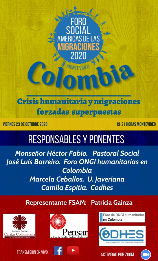 FsamUy's tweet photo. 🔴AHORA🔴 #fsam2020
Comienza la conferencia:
"Colombia: Crisis Humanitaria y migraciones forzadas superpuestas"
Participan:
Ana Mercedes Arias, Camila Espitia, José Luis Barreiro, Marcela Ceballos
Modera: Patricia Gainza
En vivo por facebook: https://t.co/6q6oYAKDAR https://t.co/6INPZVKmZo